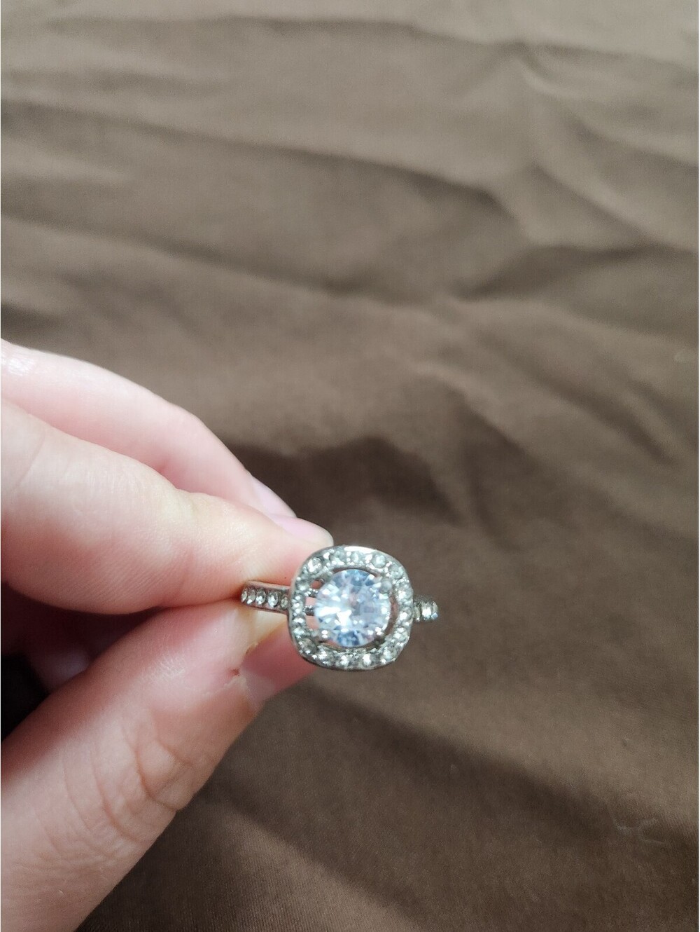 Silver Tone Ring with Clear Cubic Zirconia Stones Size 8